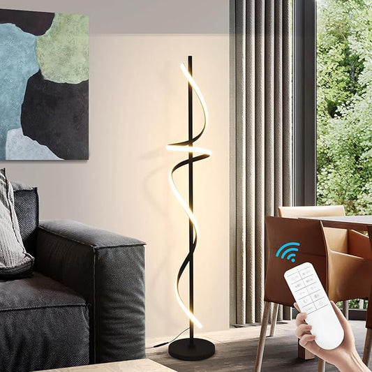 Modern Spiral Floor Lamp with Remote Control, 48W LED Floor Lamps for Living Room, 3 Colors Dimmable Tall Standing Lamp for Living Room, 60'' Modern Floor lamp for Bedroom Black