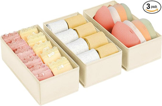 DIMJ Drawer Organizer - Small Clothes Organizer Set of 3, Drawer Dividers for Baby Clothes, Underwear, Socks, Bra, Belt, Tie - Beige