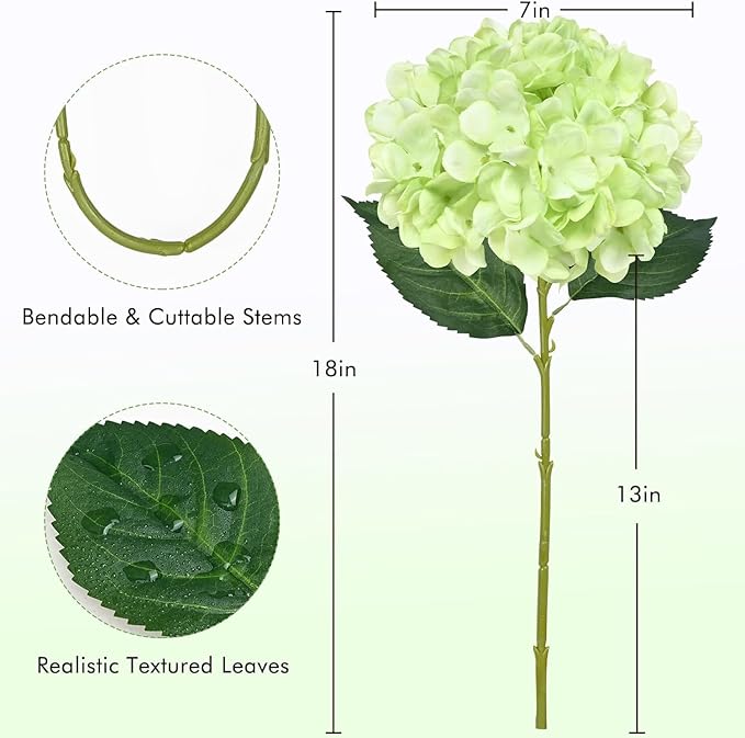 BLEUM CADE 8 Pcs Green Hydrangea Artificial Flowers with Stems, 18In Large Fake Green Flowers, Faux Hydrangea Flower for Home Decor Spring Wedding Table Centerpieces Decoration