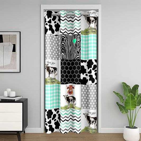 Cute Cow Print Doorway Curtain 42"W X 80"L Kawaii Highland Cow Door Curtain Bedroom Decor Honeycomb Plaid Pattern Geometric Stripes Door Drape Cartoon Farm Animals Curtain, Green Black Grey