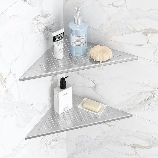 2 Pack Bathroom Corner Shelf, Recessed 12" Corner Shower Shelf, SUS304 Stainless Steel Triangular Wall Mount, No Drilling, Brushed Nickel