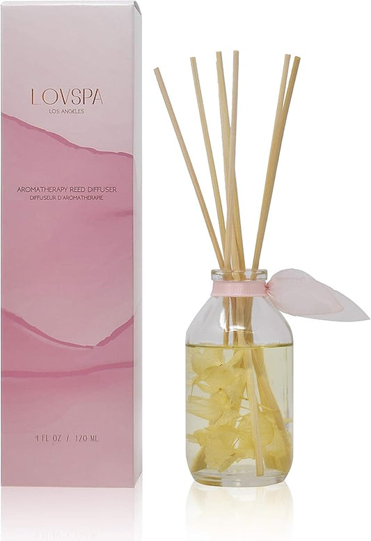 LOVSPA Soothe Tahitian Vanilla Bean Reed Diffuser Set - Vanilla Absolute, Amber & Tonka Bean Essential Oils - Real Hydrangea Flowers in The Bottle - Great Home Gift Idea - Made in The USA