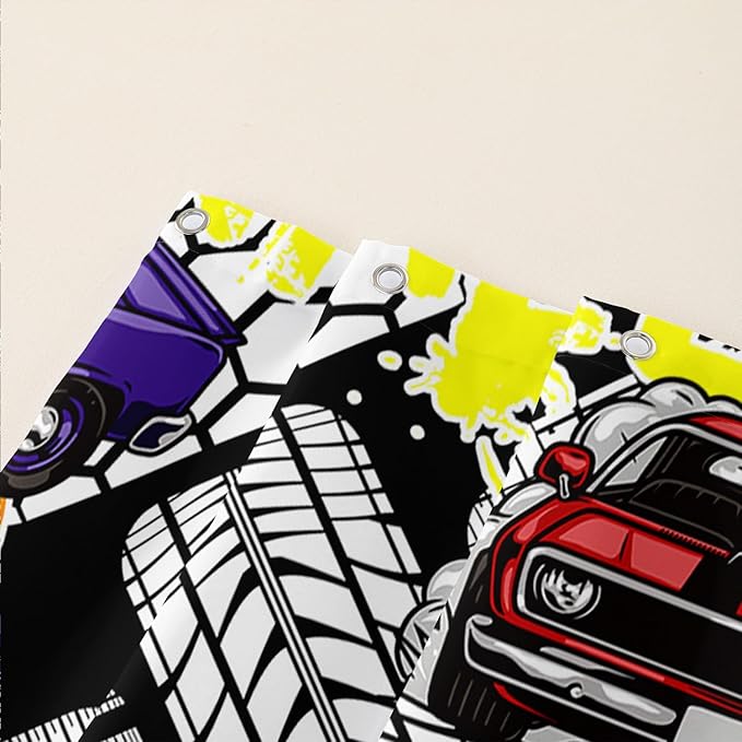 AILONEN Racing Car Shower Curtain for Bathroom Decor,Cool Racer Bath Curtain for Kids Boys Teens,Graffiti Printed Curtain Waterproof with 12 Plastic Hooks, 36" W x 72" H