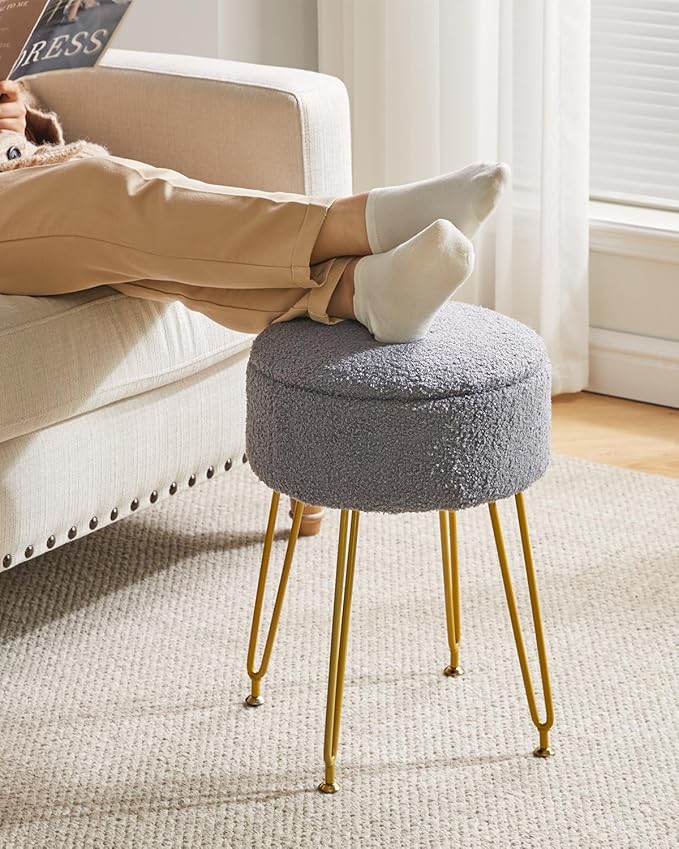 IBUYKE Teddy Velvet Storage Footrest Stool Ottoman, Makeup Vanity Stool Side Table with Removable Cover, Golden Steel Legs, Coffee Table Top Cover, Gray WBD010G