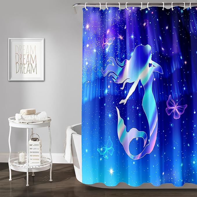 AILONEN Mermaid Shower Curtain for Bathroom,Blue Mermaid Star Girls Kids Bath Curtain 72" W*78" H,Beautiful Mermaid Decorative Waterproof Curtain with 12 Plastic Hooks