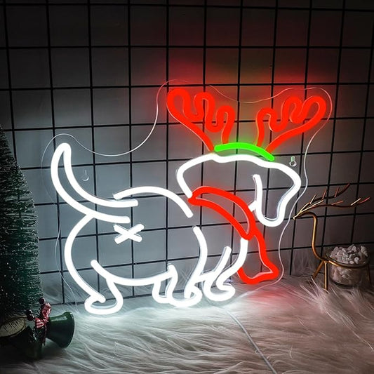 NOSUN Dog Neon Sign, LED Christmas Elk Horn Light, Dimmable Cute Puppy Wall Decor for Home, Holiday Party