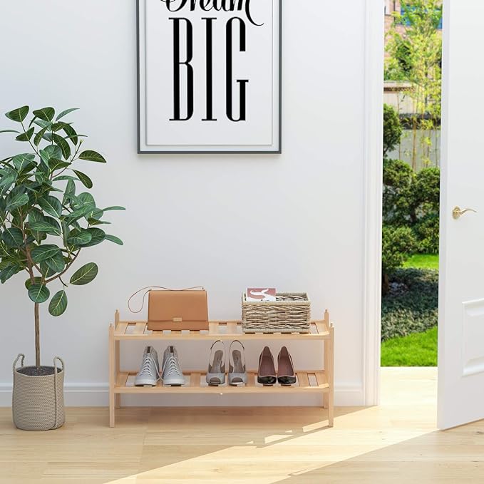 Shoe Rack, 2-Tier Bamboo Stackable Shelf Storage Organizer, Stand for Closet, Entryway, Hallway, Bathroom and Living Room（Natural）