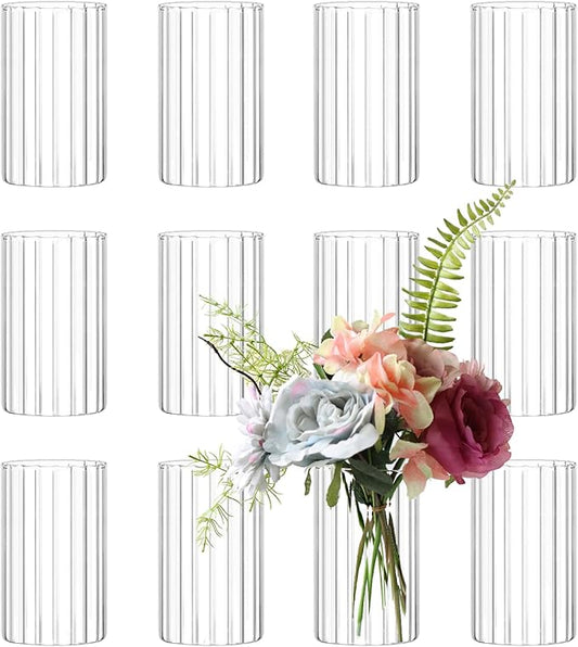 12Pcs Glass Cylinder vases for Centerpieces, 6 Inches Clear Ribbed Bud Vases for Wedding Decorations,Floral Vase Bulk Flower vases,Tall Glass Hurricane Candle Holder for Table Shelf, Party(Ribbed)