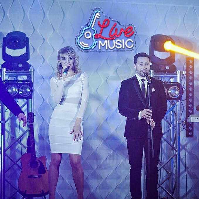 Live Music Neon Sign for Wall Decor - Dimmable LED Light for Studio, Guitar, Bar, Concert, Party, Man Cave - Room Decoration Gift