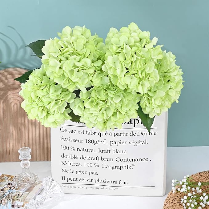 BLEUM CADE 8 Pcs Green Hydrangea Artificial Flowers with Stems, 18In Large Fake Green Flowers, Faux Hydrangea Flower for Home Decor Spring Wedding Table Centerpieces Decoration