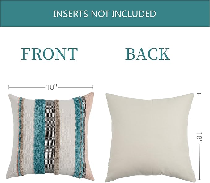 Boho Pillow Covers 18x18 Set of 2 for Couch-Modern Farmhouse Sofa Decorative Teal Throw Pillow Covers Textured Chenille Cushion Covers Outdoor Netural Bohemian Pillow Cases Square