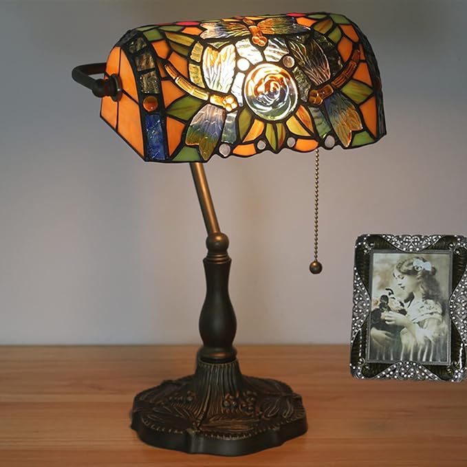 Tiffany Style Bankers Table Lamp Stained Glass Piano Desk Lamp Vintage Bedroom Bedside Lamp for Study,Antique Alloy Base,Zipper Switch,Dragonfly b