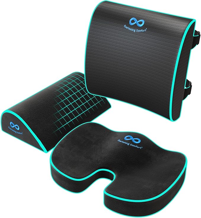 Everlasting Comfort Seat Cushion, Back Cushion, & Foot Rest Bundle - Memory Foam Office Chair Cushions for All-Day Comfort - Ideal for Work, Car, Desk