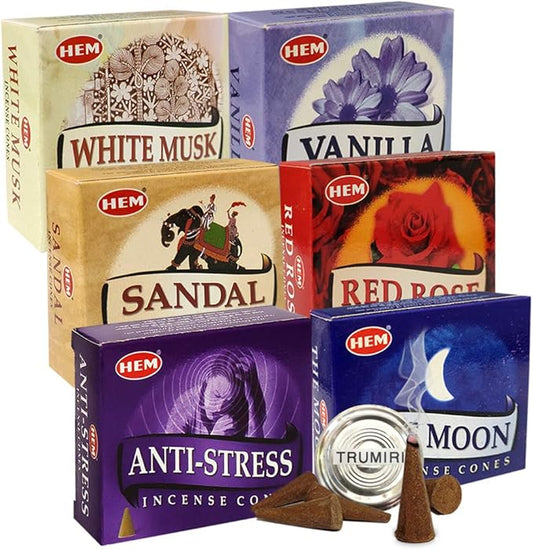 Hem Incense Cones Variety Pack #6 and Cone Incense Burner Bundle with 6 Most Admired Fragrances