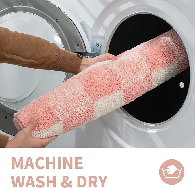 CozeCube Checkered Bath mats Non Slip, Plush Shaggy Bath Rugs for Bathroom Washable, Buffalo Plaid Bath mat, Pink Christmas Bathroom Rugs, Blossom Pink, 47" x 24"