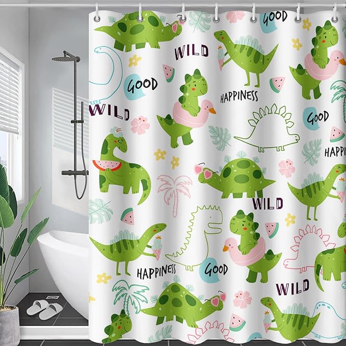 AILONEN Dinosaur Shower Curtain for Boys, Cute Green Kids Bath Curtain 60" W*72" H,Tropical Leaves Funny Dinosaur Curtain with 12 Plastic Hooks
