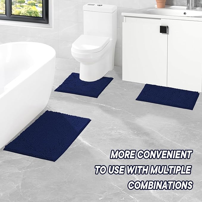 Bathroom Rugs Sets 2 Piece Washable, Luxury ，Chenille Bath Mat Set, Soft Plush Anti-Slip Rectangular Bath， Rug Super Absorbent. (Navy Blue, 32"x20"+32"x20")