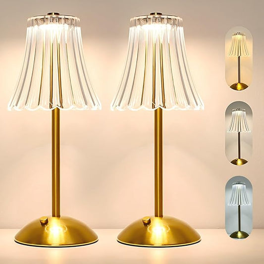 Cordless LED Touch Lamp with Crystal Acrylic Shade, USB Rechargeable, 3-Color Temperature, Dimmable Table Light, Portable Modern Industrial Style Lighting for Bedroom, Office, Patio & Gift Use