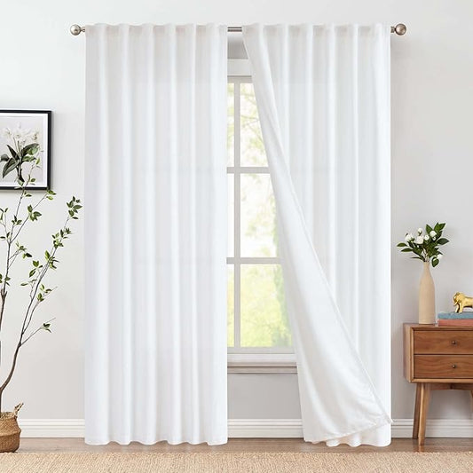 jinchan White Lined Linen Blend Curtain for Living Room 96 Inch Length 2 Panels Curtains for Sliding Glass Doors, 50 Inch Wide Drapes with Rod Pocket Back Tab(50W x 96L, White)
