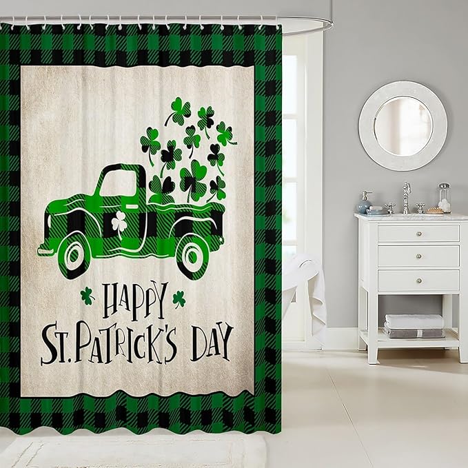Manfei Happy St. Patrick's Day Kids Shower Curtains,Cartoon Truck Leaf Irish Bathroom Curtains for Girls Boys,Geometric Grids Patchwork Green Retro Waterproof Curtains,12 Hooks Suits,72" W x 72" L