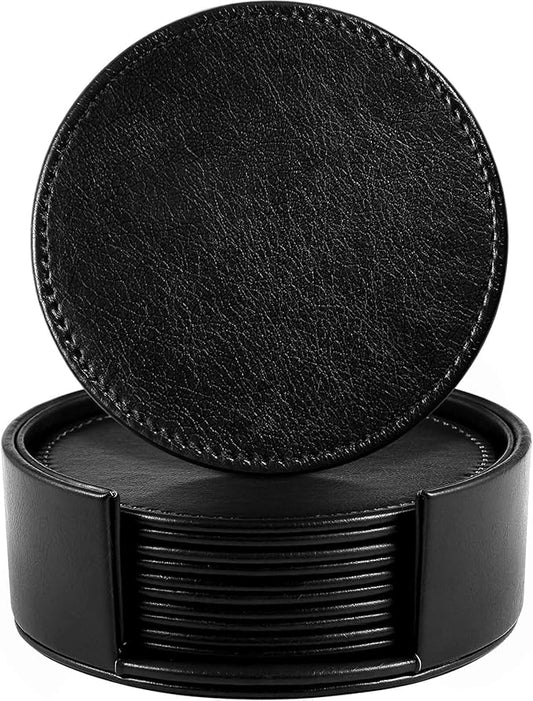 Leather Coasters for Drinks, 4" Drink Coasters Set of 6 with Holder for Tabletop Protection, Handmade Luxurious Home Décor and Housewarming Gift (Black)