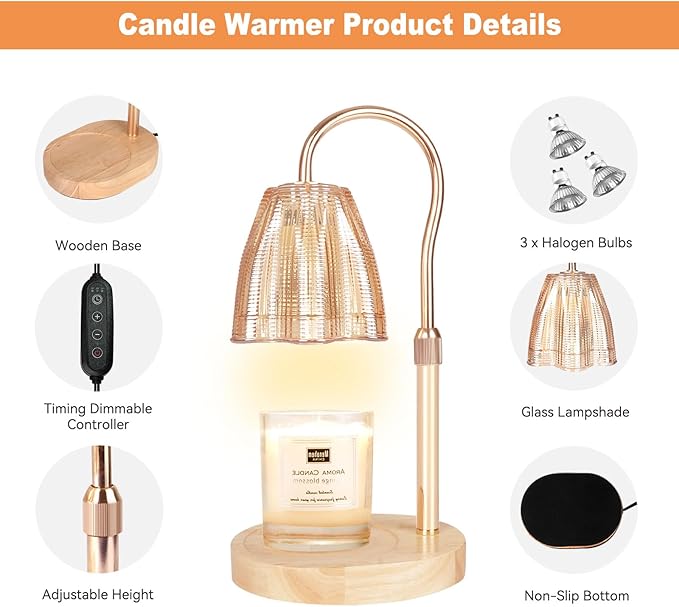 Candle Warmer Lamp with Timer & Dimmer, Candle Warmer Height Adjustable, Fits All Jar Scented Candles, Candle Lamp with 3 Bulbs, Charming Gift Box with Ribbon for Gifting