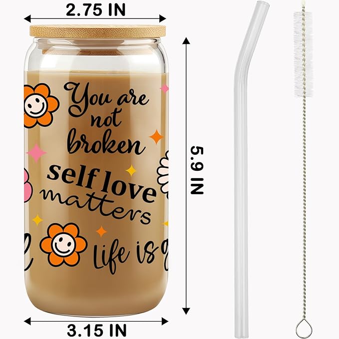 Self Love Matters, Mental Health Sublimation Glass Tumbler, 16oz Glass Can Cup with Positive Quotes and Smiley Flowers, Gift for Her Best Friend Tumbler, Self Care Gift, Lid and Straw
