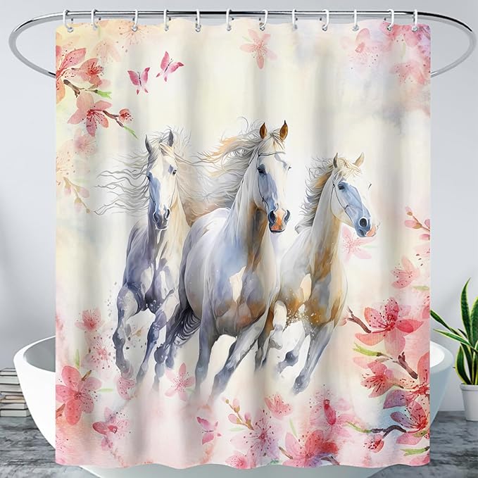 AILONEN Girls Flower Horse Shower Curtain for Bathroom,Galloping Horse Bath Curtain,Pink Watercolor Floral Horse Waterproof Curtain with 12 Plastic Hooks, 60" W*72" H