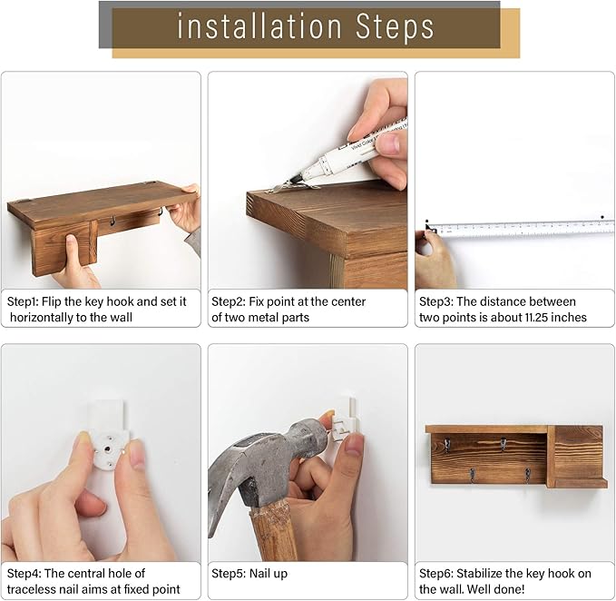 AKKO Wooden Key Holder for Wall Decorative Mail and Key Holder Organizer with 4 Key Hooks and “Z” Shape Wall Mount Floating Shelf,Rustic Home Decor for Wall, Entryway, Mudroom, Bathroom