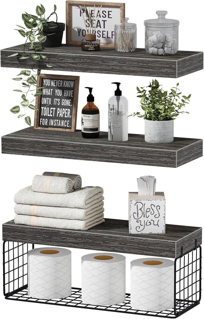 QEEIG Bathroom Shelves Over Toilet - Wall Mounted Floating Shelves Toilet Paper Storage Small Farmhouse Decor Shelf 16 inch Set of 3, Grey (019-GY3)