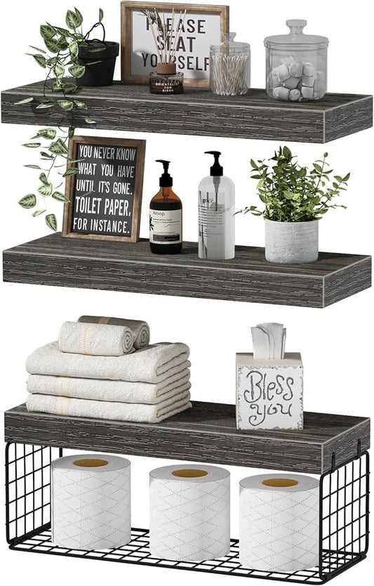 QEEIG Bathroom Shelves Over Toilet - Wall Mounted Floating Shelves Toilet Paper Storage Small Farmhouse Decor Shelf 16 inch Set of 3, Grey (019-GY3)
