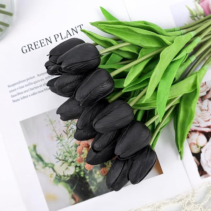 Beferr Black Tulips Artificial Flowers 18pcs Faux Tulip Real Touch Fake Flowers Bouquets for Halloween Easter Gifts Home Party Wedding Table Decorations