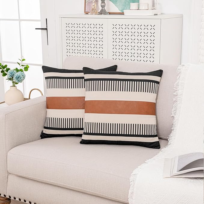 Farmhouse Stripe Pillow Cover 20x20 Boho Accent Cushion Case Faux Leather Decorative Pillowcase,Black and Beige (Cover ONLY, Pack of 2)