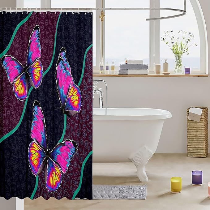 Feelyou Butterfly Shower Curtain 72"x72" Kids Butterflies Botanical Floral Print Bathroom Shower Curtain Set for Boys Girls Teens Geometric Stripes Bath Curtain Colorful Bathroom Accessories