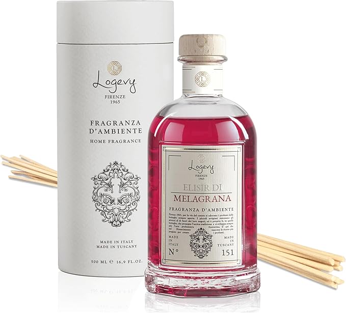 Logevy Firenze 1965 Elisir Di Melagrana – Pomegranate Elixir Luxury Home Fragrance Diffuser with Floral & Fruity Notes in Elegant Glass Bottle with 12 Natural Bamboo Reeds – 500ml