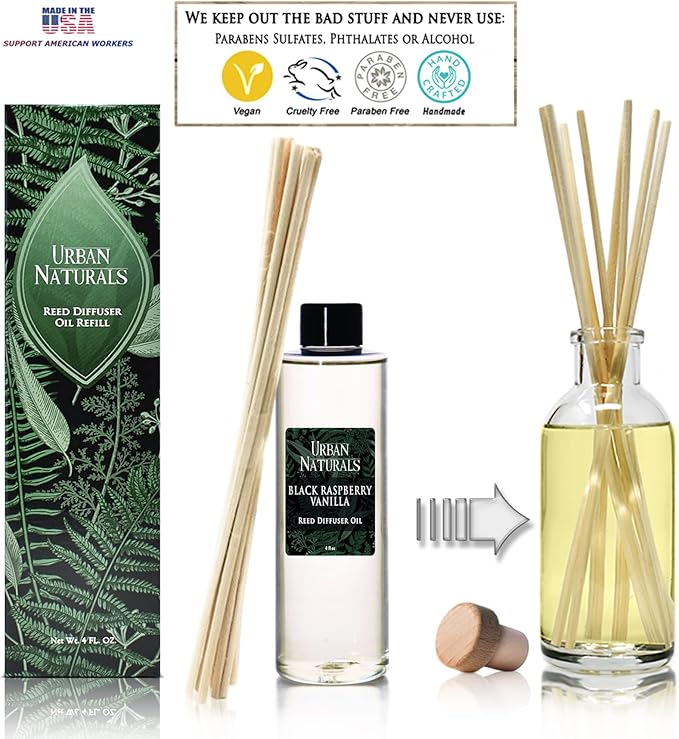 Urban Naturals Black Raspberry Vanilla Reed Diffuser Refill, 4 oz, Bundle with Black Raspberry Vanilla Reed Diffuser Set - Made with Essential Oils in The USA