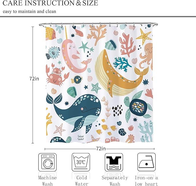 Kids Ocean Whale Shower Curtain 72x72 Sea Animal Cartoon Turtle Funny Underwater Shower Curtain for Bathroom Cute Fish Marine Sealife Starfish Bathtub Curtain Baby Boys Girls Bathroom Decor