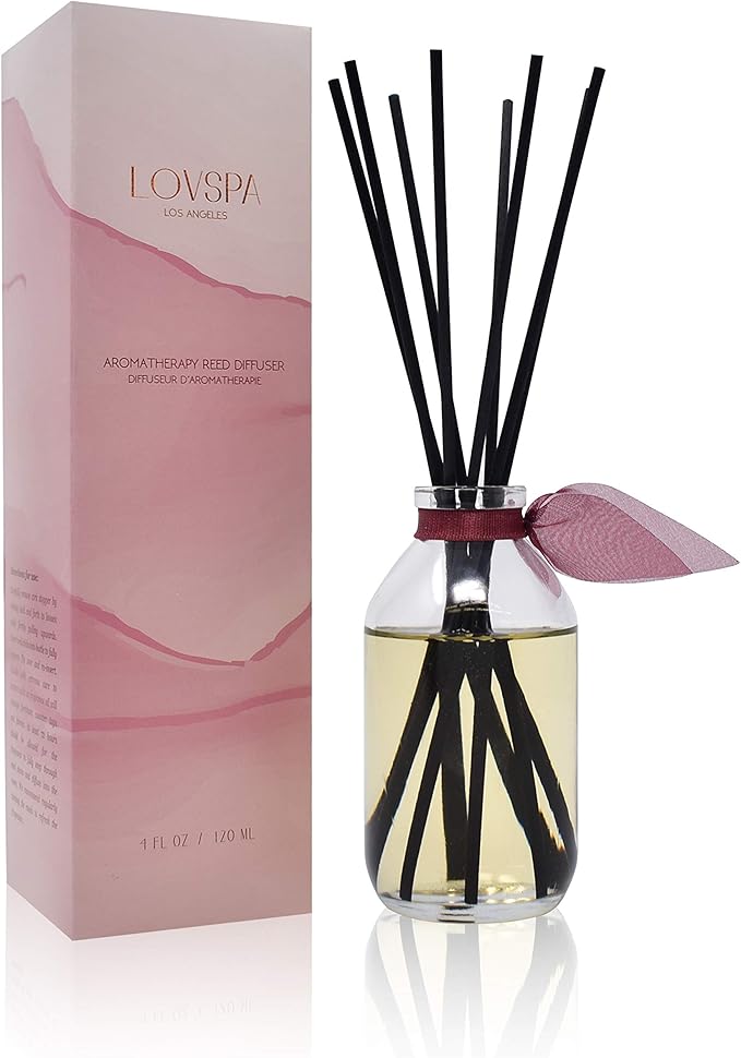 LOVSPA Mahogany Teakwood Reed Diffuser Scented Set with Cardamom, Geranium & Amber Fragrance Notes - A Unisex Scented Gift for Men or Women, Made in The USA