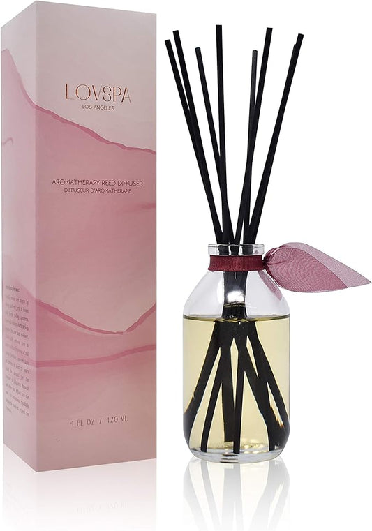 LOVSPA Mahogany Teakwood Reed Diffuser Scented Set with Cardamom, Geranium & Amber Fragrance Notes - A Unisex Scented Gift for Men or Women, Made in The USA