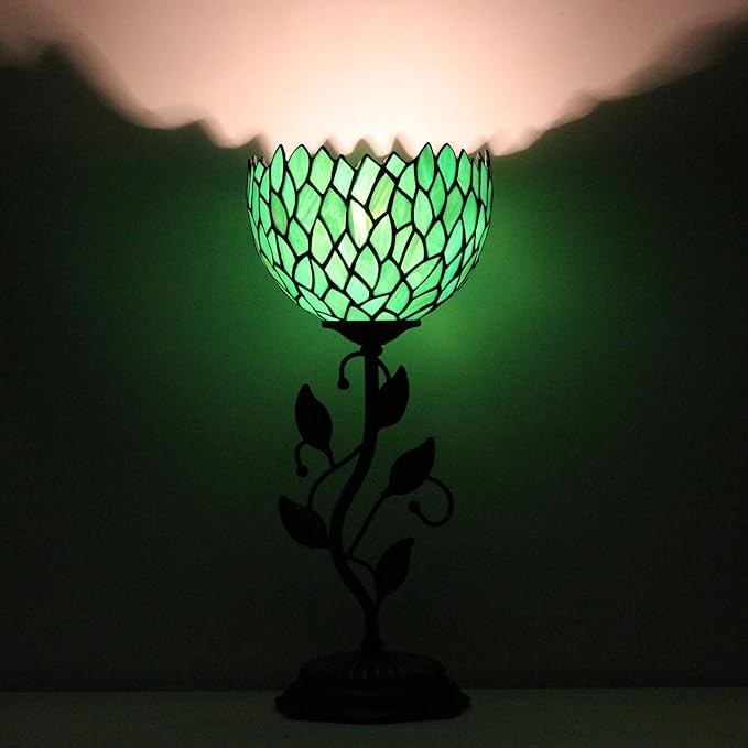 Small Tiffany Lamp Stained Glass Table Lamp Uplight Accent Lamp with Metal Leaf Base Green Wisteria Style Desk Light 8X19 Inch for Home Office Living Room Bedroom