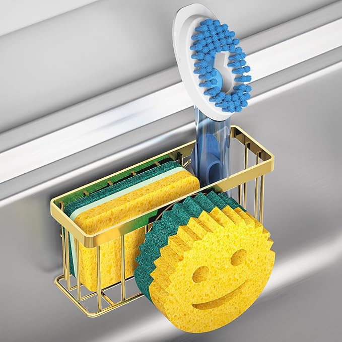 Sponge Holder Smiley Face, Sink Caddy for Kitchen Sink, Sink Organizer Sponge Holder with 2 PCS Suction Cups/1 PCS Adhesive Strips, Designed for Sponge, Soap, Dish Brush, Scrubber-Gold