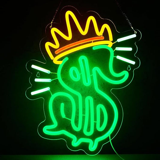 Money Sign Neon Sign Dollar Neon Sign for Wall Decor Dollar with Corwn USB Dimmable LED Neon Lights for Beer Bar Kitchen Restaurant Home Bar Pub Tavern Party Man Cave Club Shops Hotel Store Business Gift