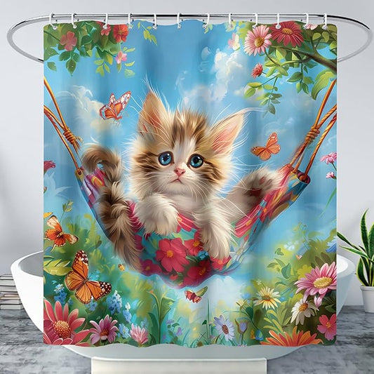 AILONEN Kawaii Cat Shower Curtain Set, Swing Cat with Butterfly Waterproof Fabric Shower Curtain for Kids Boys Girls,Cartoon Pet Cats Cloth Bath Curtain,72" W*84" H