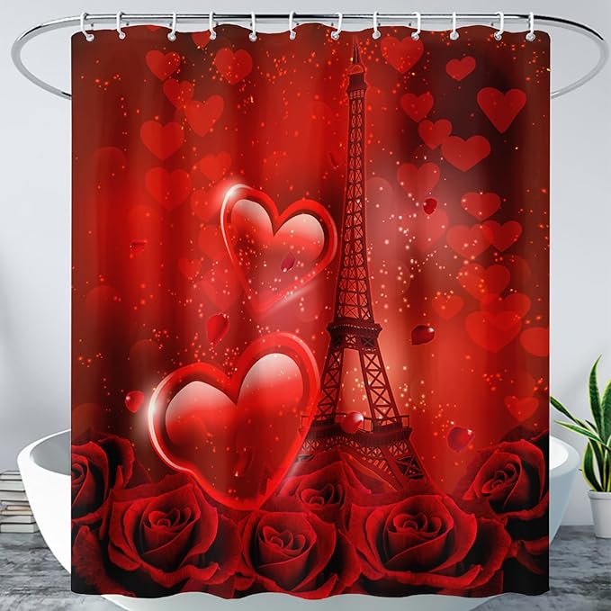 AILONEN Red Rose Shower Curtain for Bathroom, Romantic Eiffel Tower Love Hearts Printed Bathroom Curtain,72" W*78" H Polyester Waterproof Bath Curtain with 12 Hooks