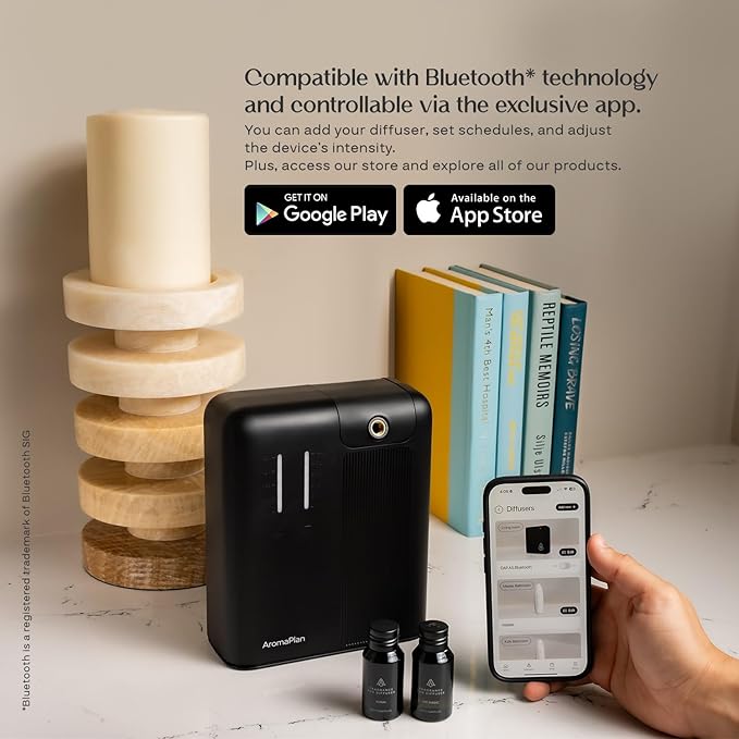 AromaPlan 2025 Waterless HVAC Scent Diffuser Whole House & Commercial Diffuser, 2 Fragrances Included-Smart, Cold-Air Waterless Scent Air- App Control, AC, 2000 Sq. Ft Coverage,Black