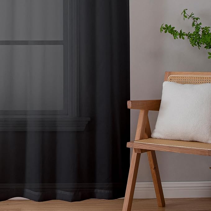 Aiyufeng Black Sheer Curtains 90" Long for Living Room Windows, Voile Sheer Casual Light Filtering Window Curtain Drapes for Bedroom, 42" Wide, Set of 2