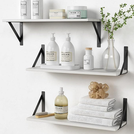 White Floating Shelves 24 inches Long Set of 3, 24 x 8 Inch Bathroom Wall Shelves Over Toilet for Towels, Modern Wood Mounted Storage Shelf for Bedroom Living Laundry Room Kitchen Office Closet