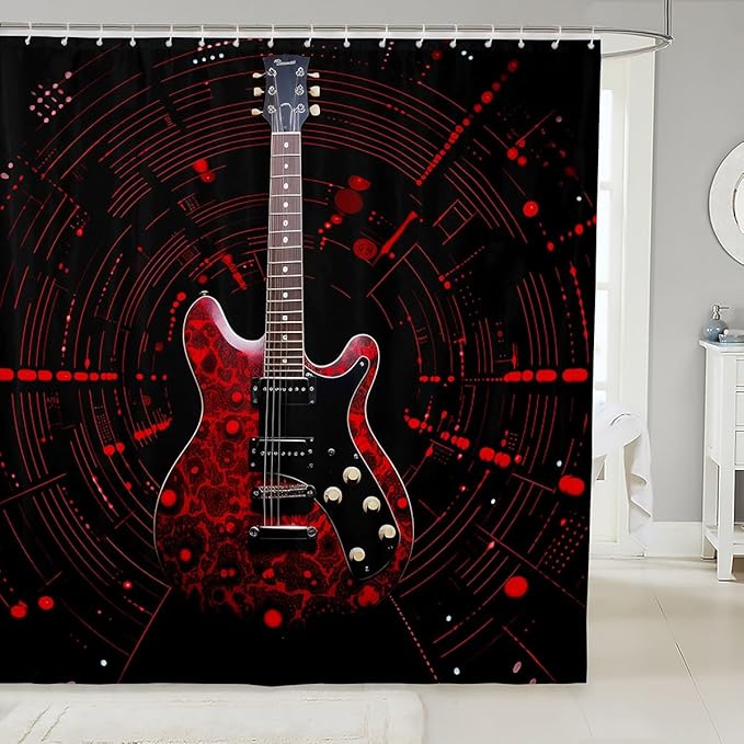 Feelyou Red Guitar Bathroom Waterproof Accessories with 12 Hooks Guitar Instruments Fabric Shower Curtain for Boys Girls Rock Music Shower Curtain Splash-Ink Curtains,72x84 Inches