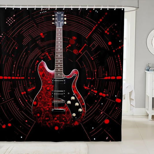 Feelyou Red Guitar Bathroom Waterproof Accessories with 12 Hooks Guitar Instruments Fabric Shower Curtain for Boys Girls Rock Music Shower Curtain Splash-Ink Curtains,72x72 Inches