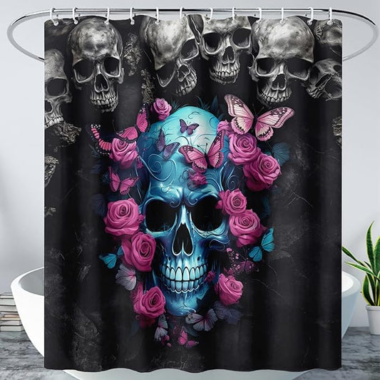 AILONEN 3D Skull Shower Curtain,Oil Ren Rose with Skeleton Design Shower Curtain Set with Hooks for Boys Girls Teens,Gothic Skull Waterproof Fabric Shower Curtain for Bathroom,72" W*72" H